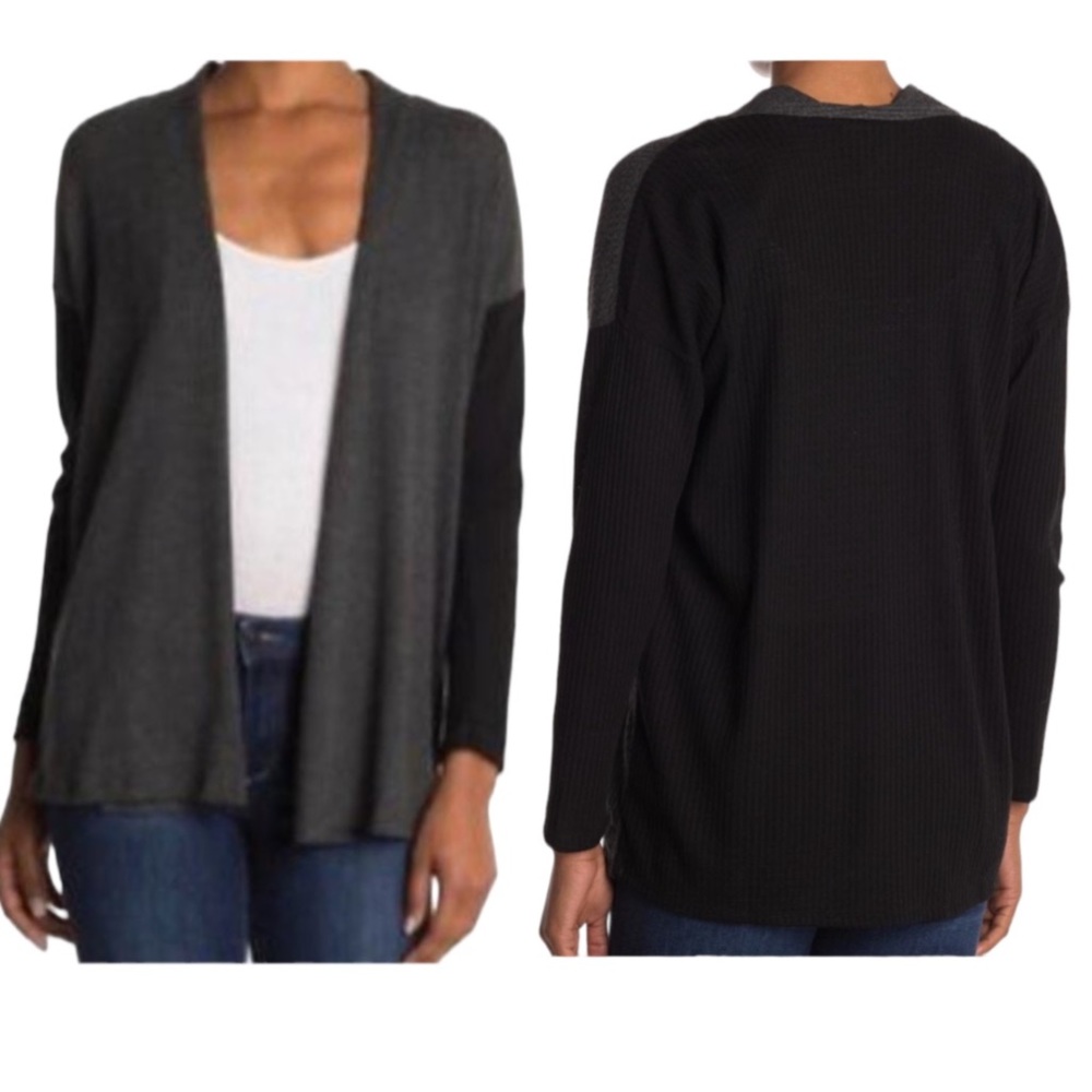 Bobeau Colorblock Open Front Waffle Knit Cardigan Charcoal/Black Size M